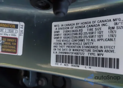 2015 Honda Cr-V Ex-L from USA, damaged, VIN 2HKRM4H73FH687572